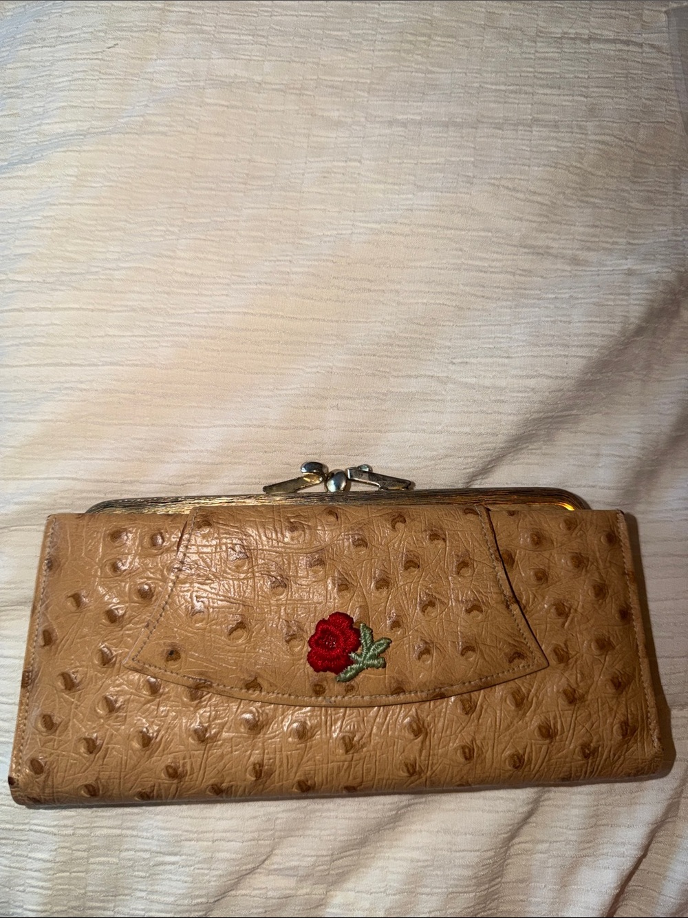Tan Ostrich-Texture Clutch with Red Rose Embroidery